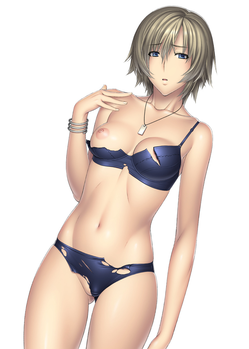 1girl absurdres aya_brea bare_shoulders blonde_hair blue_bra blue_eyes blue_panties bra bracelet breasts erect_nipples female highres jewelry kansuke lingerie mound_of_venus navel necklace nipples panties parasite_eve_the_3rd_birthday short_hair simple_background solo standing torn_clothes underwear underwear_only white_background