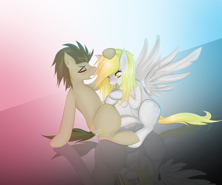 blonde_hair blush brown_fur cutie_mark derpy_hooves_(mlp) doctor_whooves_(mlp) dr_whoof_(mlp) duo equine female feral friendship_is_magic fur grey_fur hair horse horsecock male mammal my_little_pony oral oral_sex pegasus penis pony sex straight v-invidia wings yellow_eyes