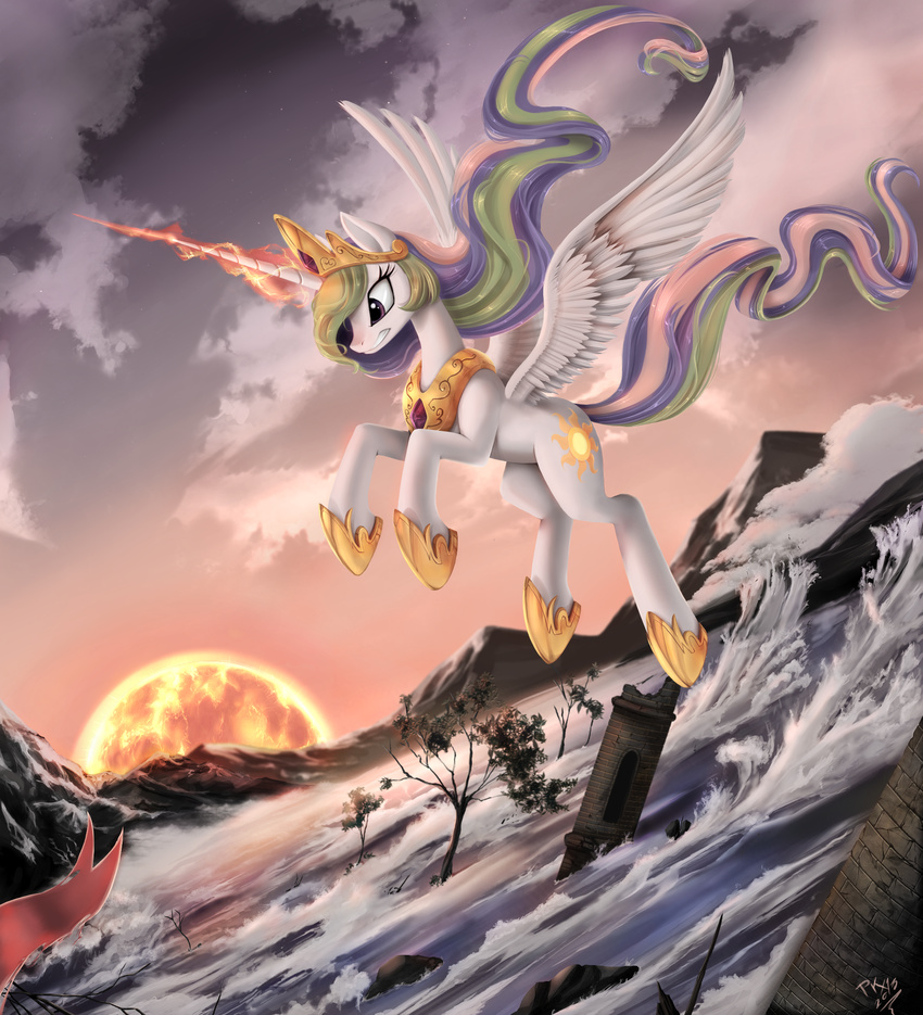 celestia cloud crown cutie_mark equine female feral flying friendship_is_magic glowing gold hair horn magic mammal mountain multi-colored_hair my_little_pony necklace outside ponykillerx princess princess_celestia_(mlp) purple_eyes royalty sky solo sun tower tree tsunami water wave winged_unicorn wings