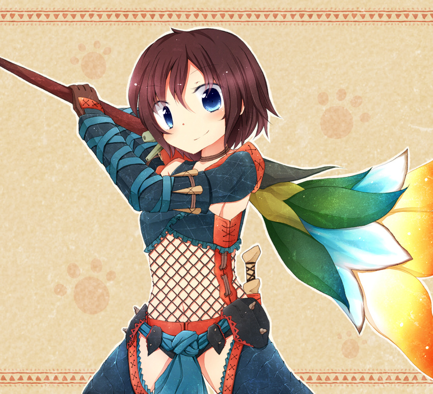 bad_id bad_pixiv_id blue_eyes brown_hair fishnets fuuen_(akagaminanoka) hunting_horn looking_at_viewer monster_hunter nargacuga_(armor) navel paw_print short_hair smile solo