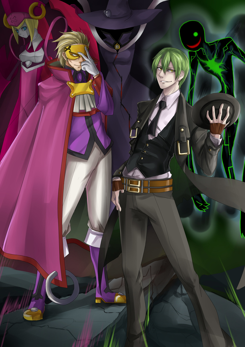 absurdres android bad_id bad_pixiv_id blazblue blonde_hair blue_eyes boots cape evil_smile formal full_body green_hair hat hat_removed hazama headwear_removed highres ignis_(blazblue) knee_boots luse_maonang mask multiple_boys necktie pants phantom_(blazblue) pink_hat purple_footwear relius_clover shoes smile suit