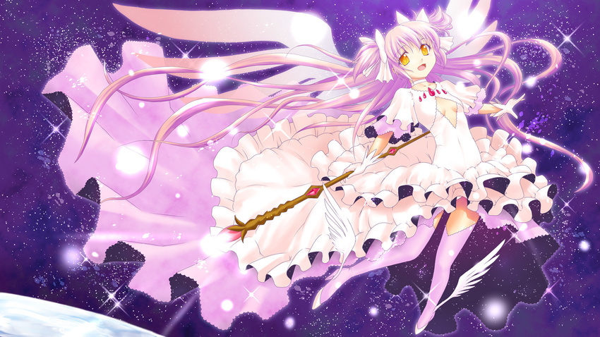 absurdly_long_hair ankle_wings boots bow breasts choker dress full_body gloves hair_bow highres jewelry kaname_madoka layered_dress lights long_hair looking_at_viewer mahou_shoujo_madoka_magica medium_breasts mizuna_(water_emp-tei) open_mouth pendant pink_footwear pink_hair pink_legwear planet short_sleeves smile solo space spoilers staff star_(sky) thighhighs two_side_up ultimate_madoka very_long_hair white_dress white_gloves wings yellow_eyes