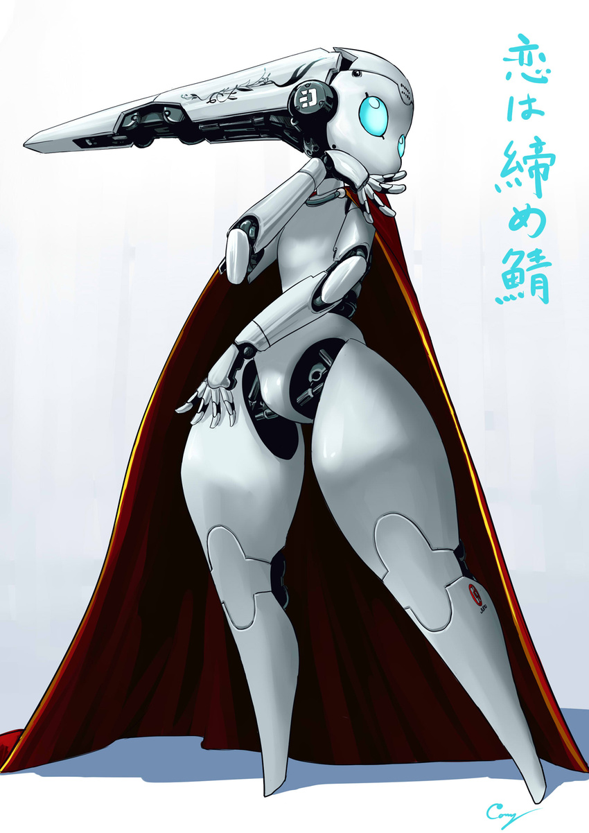 blue_eyes cape cony_(la_locura) drossel_von_flugel fireball_(series) full_body hand_on_own_face head_tilt highres looking_at_viewer red_cape robot robot_joints signature simple_background solo standing translation_request white_background