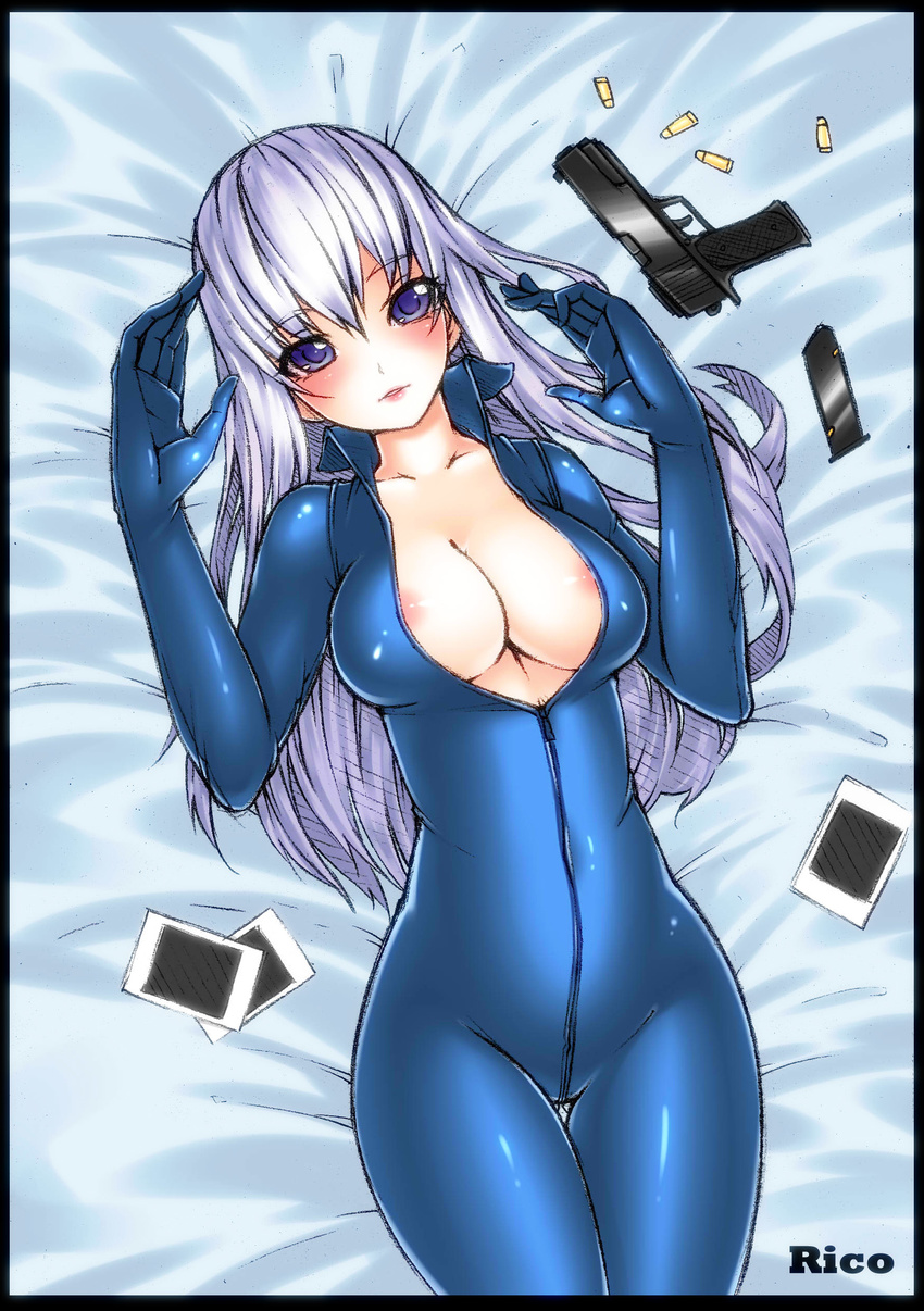 absurdres areola_slip areolae bad_id bad_pixiv_id black_border blue_eyes blue_hair blush bodysuit border breasts bullet camera cartridge cleavage gun handgun highres large_breasts long_hair looking_at_viewer lying magazine_(weapon) on_back original parted_lips photo_(object) pistol solo thigh_gap unzipped weapon yin-ting_tian