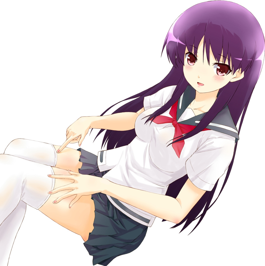 blush highres long_hair pleated_skirt purple_hair red_eyes red_neckwear ryou.r saki saki_achiga-hen school_uniform senriyama_school_uniform serafuku shimizudani_ryuuka short_sleeves skirt solo thighhighs thighs zettai_ryouiki