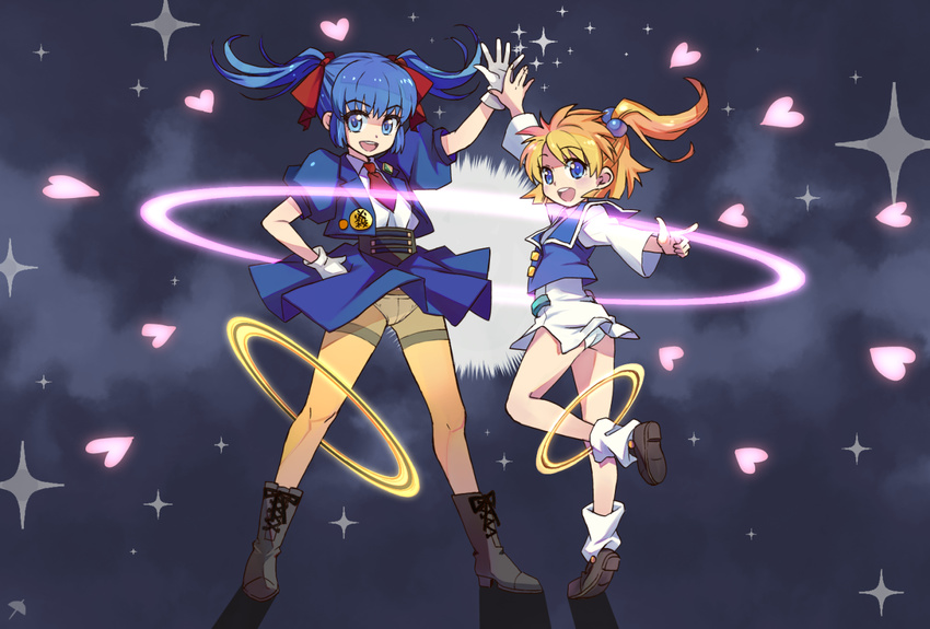 ass blonde_hair blue_eyes blue_hair boots gloves hair_bobbles hair_ornament halo_(artist) hand_on_hip heart high_five loose_socks mio_sasuga multiple_girls panties panties_under_pantyhose pantyhose pantyshot presia_zenoskis side_ponytail socks super_robot_wars super_robot_wars_the_lord_of_elemental thighband_pantyhose twintails underwear