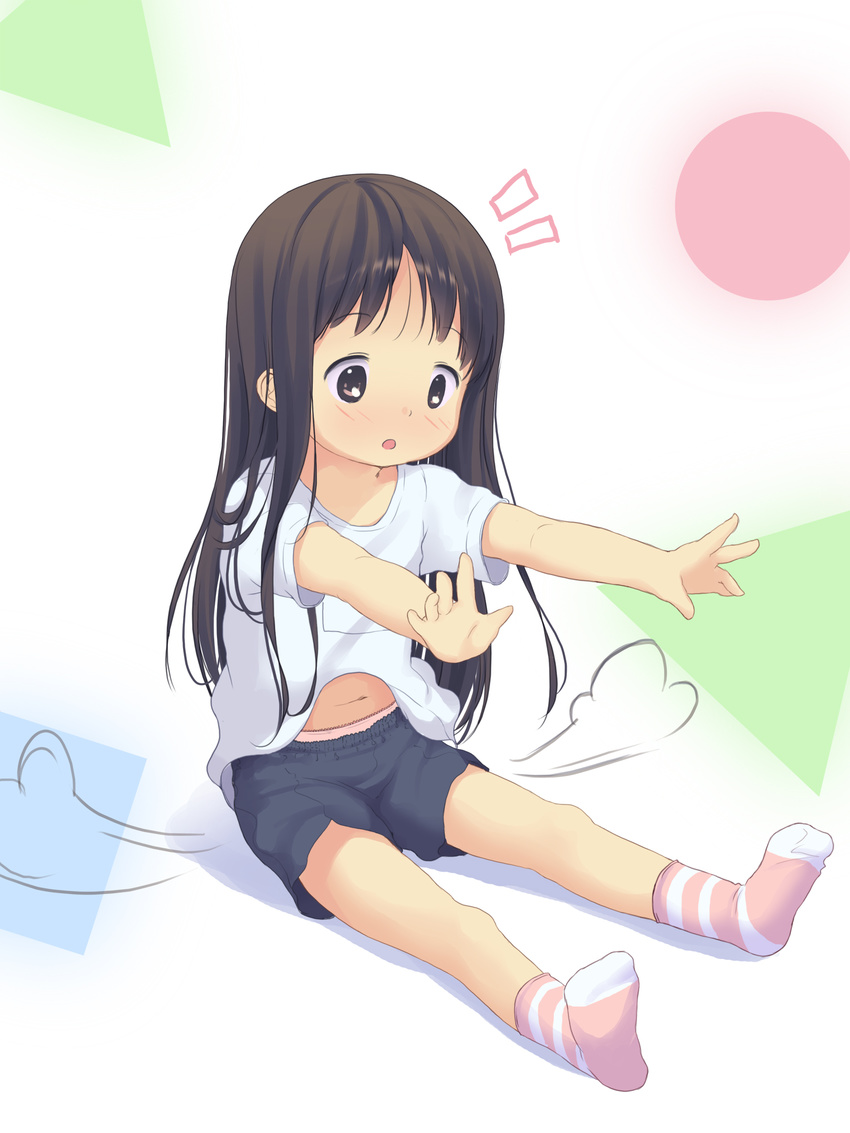 :o anyannko black_hair blush brown_eyes highres long_hair navel open_mouth original outstretched_arms panties panty_peek pink_panties shorts sitting socks solo striped striped_legwear underwear