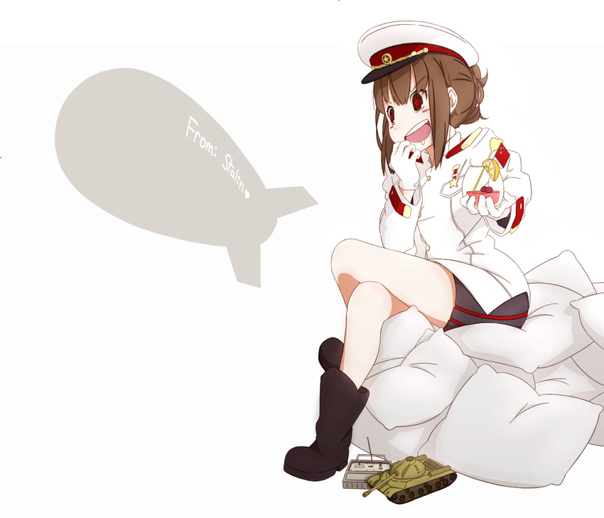 aircraft boots brown_eyes brown_hair controller crossed_legs danbo_(3288624) dirigible drink epaulettes genderswap genderswap_(mtf) gloves ground_vehicle hat highres joseph_stalin mc_axis military military_uniform military_vehicle miniskirt motor_vehicle peaked_cap pillow real_life real_life_insert remote_control short_hair sitting skirt solo star star-shaped_pupils symbol-shaped_pupils tank toy uniform updo white_gloves zeppelin