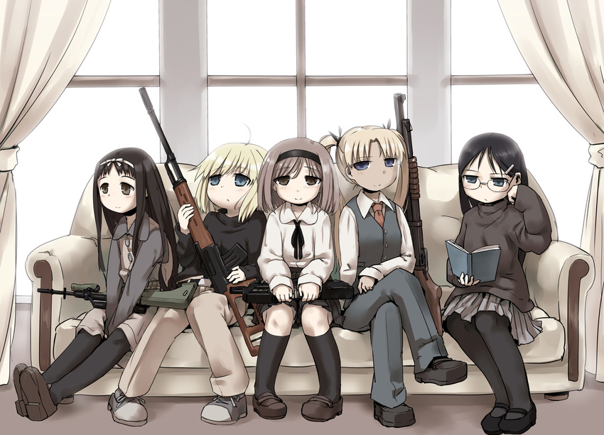 :&lt; angelica_(gunslinger_girl) assault_rifle bad_id bad_pixiv_id black_hair black_legwear blonde_hair blue_eyes brown_eyes brown_hair bullpup claes dragunov_svd gun gunslinger_girl henrietta_(gunslinger_girl) highres multiple_girls p90 pantyhose rico_(gunslinger_girl) rifle shotgun sniper_rifle steyr_aug submachine_gun triela tsukumizu_yuu weapon winchester_model_1897