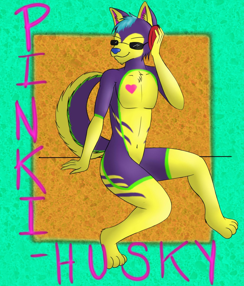 &lt;3 anthro blue canine dj dog english_text eyewear glasses headphone headphones herm husky intersex invalid_tag male maleherm mammal music pink pinki-husky pinup pose purpel solo sunglasses text yellow