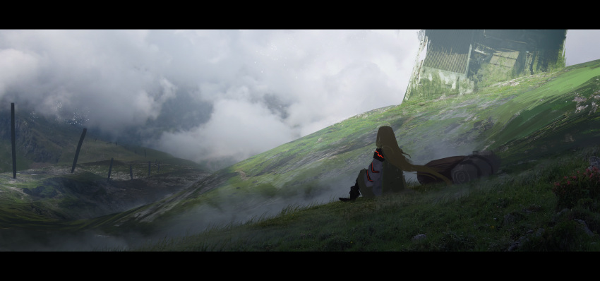 1girl absurdres asuteroid backpack bad_id bad_twitter_id bag blonde_hair cloud cloudy_sky commentary_request from_behind grass highres hill iris_(asuteroid) long_hair neon_trim original outdoors pillar ruins scenery sitting sky solo very_long_hair wide_shot