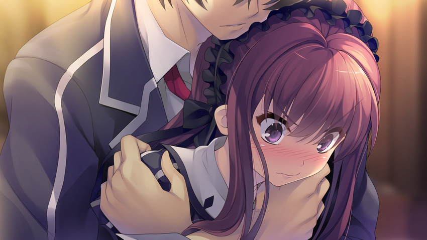 1girl blush bow brown_hair game_cg hair_bow hair_ribbon hairband hug hug_from_behind lolita_hairband petite purple_eyes ribbon school_uniform shishigatani_ushio tokeijikake_no_ley_line urabi_(tomatohouse) wavy_mouth