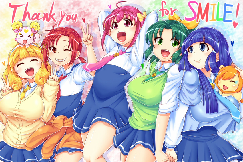 5girls aoki_reika blonde_hair blue_eyes blue_hair blush breasts candy_(smile_precure!) eyes_closed flat_chest green_eyes green_hair hairband hino_akane hino_akane_(smile_precure!) hoshizora_miyuki kise_yayoi large_breasts long_hair midorikawa_nao multiple_girls necktie open_mouth pop_(smile_precure!) precure purple_eyes purple_hair red_eyes red_hair ribbon school_uniform short_hair sina_and_d skirt smile smile_precure! sweater v wink