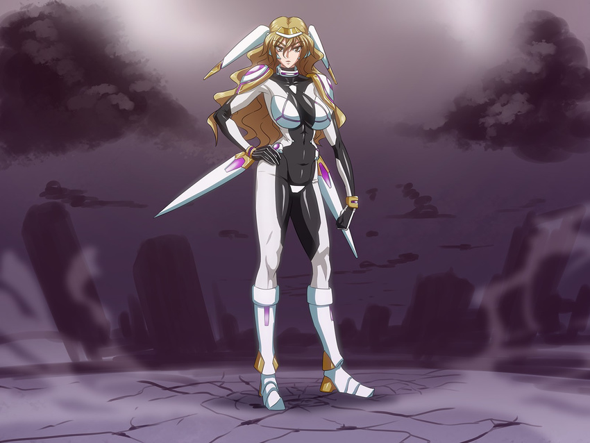 1girl blonde_hair bodysuit breasts chouhei_hajoku cloud feet hand_on_hip hand_on_hips highres hips inja_no_kuruwa long_hair looking_at_viewer pose posing science_fiction simple_background sky solo standing steam wavy_hair yellow_eyes