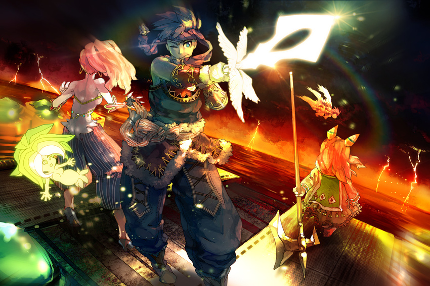 1girl 1other aiming androgynous bad_id bad_pixiv_id bare_shoulders blonde_hair blue_eyes brown_hair dryad_(seiken_densetsu) flammie glowing glowing_sword glowing_weapon halberd headband horizon lens_flare long_hair polearm ponytail popoi primm randi red_hair seiken_densetsu seiken_densetsu_2 sword tanokura_mon vambraces weapon