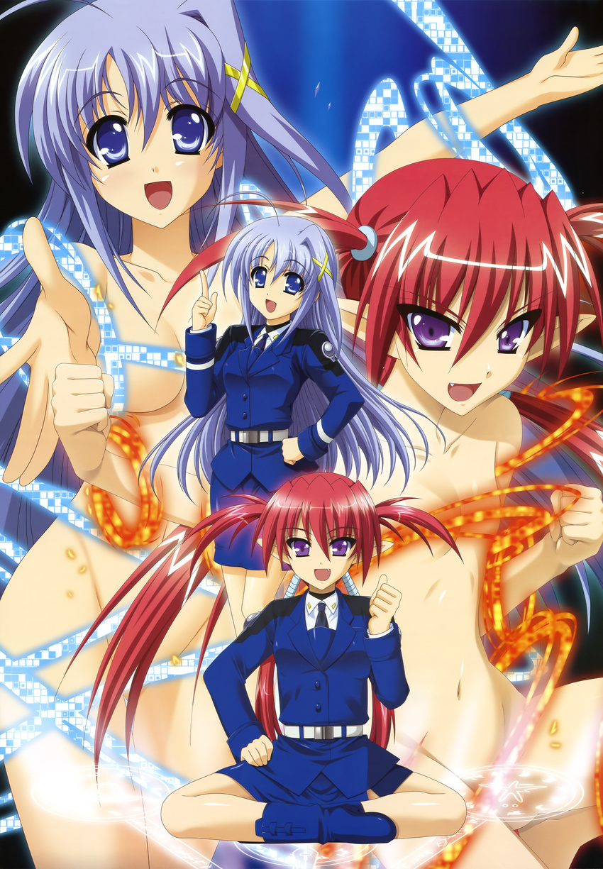 :d absurdres agito_(nanoha) ahoge bandages bangs belt blue_eyes blue_hair boots breasts buttons censored convenient_censoring formal glowing gradient gradient_background groin hair_between_eyes hair_censor hair_intakes hair_ornament hairclip hand_on_hip higa_yukari highres index_finger_raised long_hair looking_at_viewer lyrical_nanoha magic_circle mahou_senki_lyrical_nanoha_force military military_uniform multiple_girls navel necktie nude nyantype official_art open_mouth outstretched_arm outstretched_hand pencil_skirt pointy_ears purple_eyes quad_tails red_hair reinforce_zwei scan scrunchie side_slit sidelocks sitting skirt skirt_suit small_breasts smile standing suit thumbs_up tsab_naval_military_uniform turtleneck uniform very_long_hair x_hair_ornament