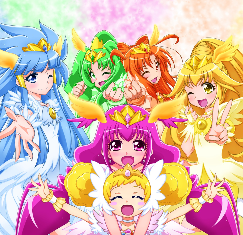:d ;d ^_^ aoki_reika blonde_hair blush blush_stickers bow candy_(smile_precure!) choker closed_eyes cure_beauty cure_happy cure_march cure_peace cure_sunny double_bun dress earrings hair_flaps hair_tubes head_wings highres hino_akane_(smile_precure!) hoshizora_miyuki jewelry kise_yayoi kuon_(nokokopopo) magical_girl midorikawa_nao multiple_girls one_eye_closed open_mouth ponytail precure princess_form_(smile_precure!) ring royal_candy smile smile_precure! tiara tri_tails twintails ultra_cure_happy v white_choker wrist_cuffs yellow_bow
