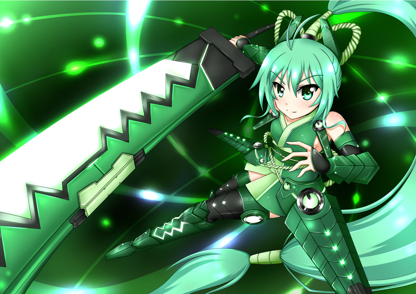armor gauntlets glowing green_eyes green_hair kakukaku_(atelier_wings) long_hair solo sword vividgreen vividred_operation weapon