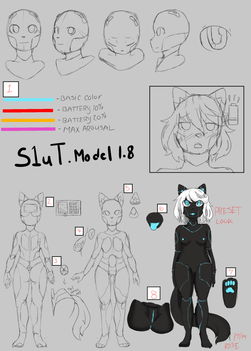 android anthro artificial_intelligence blush butt cat cyber digital_media_(artwork) feline female fur hair looking_at_viewer machine mammal nipples nude open_mouth paws pussy raveneevee robot s1ut_1.8 sex_doll short_hair simple_background sketch smile solo tongue