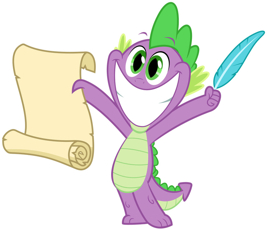 :d absurd_res alpha_channel big_smile dat_rez dragon feather friendship_is_magic grason green_eyes happy hi_res magic male my_little_pony open_mouth paper pen plain_background quill scalie scroll smile solo spike_(mlp) standing teeth transparent_background young zutheskunk