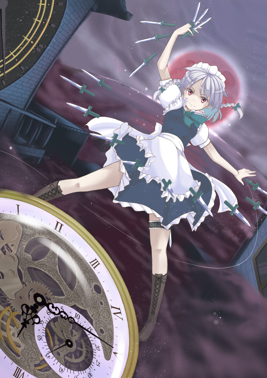 absurdres apron arm_up bad_id bad_pixiv_id blue_skirt boots braid clock clock_tower cross-laced_footwear full_moon hair_ribbon highres izayoi_sakuya knife legband looking_at_viewer maid maid_headdress moon outstretched_arm outstretched_hand pink_eyes pocket_watch puffy_sleeves red_moon ribbon scarlet_devil_mansion shirt short_sleeves silver_hair skirt sky solo tonpara touhou tower twin_braids waist_apron watch