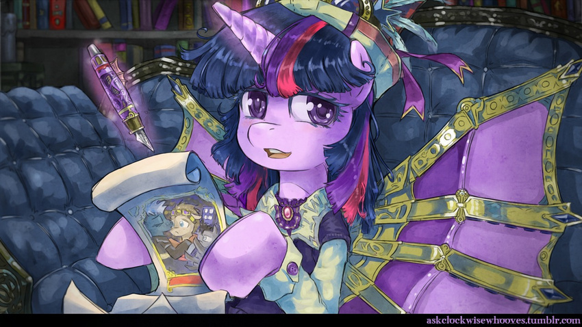 clothing dapper equine female feral friendship_is_magic hair horn horse mammal my_little_pony pen pony purple_eyes saturnspace sitting solo steampunk twilight_sparkle_(mlp) two_tone_hair unicorn wings