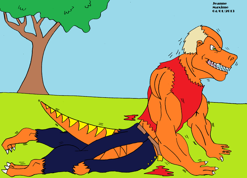 anthro bald biceps claws dinosaur grass hair male maxime-jeanne ms_paint muscles old reptile scalie sky theropod transformation white_hair