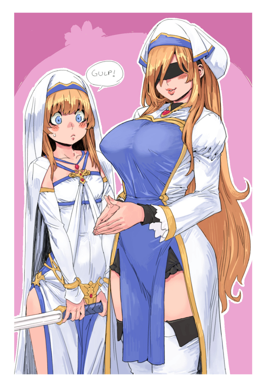 2girls archvermin bangs blindfold blonde_hair blush boots border breasts closed_mouth collarbone cosplay costume_switch detached_sleeves goblin_slayer! hat large_breasts long_hair long_sleeves multiple_girls pink_background priestess_(goblin_slayer!) small_breasts smile speech_bubble sword sword_maiden thigh_boots thighhighs thighs weapon white_border