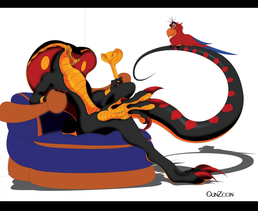 aladdin avian bird chair claws cobra cushion disney gunzcon hindpaw iago jafar looking_at_viewer parrot paws plain_background polearm reclining reptile scalie snake staff white_background