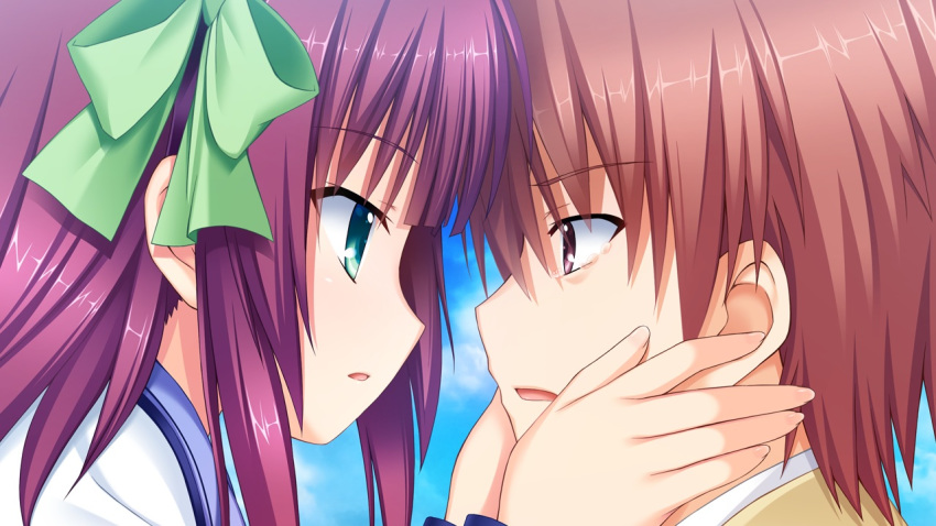 1boy 1girl angel_beats! bangs crying crying_with_eyes_open eyebrows_visible_through_hair game_cg hair_ornament holding key_(company) long_sleeves na-ga open_mouth orange_hair otonashi_(angel_beats!) purple_hair school_uniform short_hair simple_background tearing_up tears yuri_(angel_beats!)