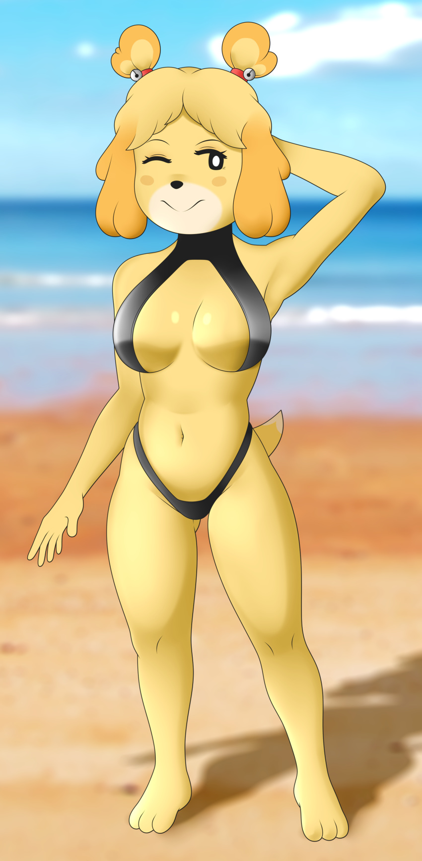 2019 5_fingers absurd_res animal_crossing anthro big_breasts bikini biped black_nose blush breasts buffbumblebee_(artist) canid canine canis clothed clothing digital_drawing_(artwork) digital_media_(artwork) domestic_dog eyebrows eyelashes female front_view fur hair hi_res isabelle_(animal_crossing) mammal multicolored_fur navel nintendo outside seaside shih_tzu smile solo standing swimsuit thick_thighs tight_clothing video_games voluptuous water wide_hips yellow_fur