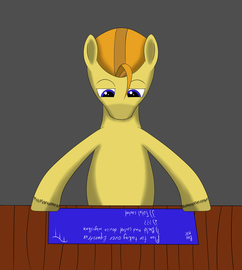blonde_hair blue_eyes blueprints english_text equine friendship_is_magic grey_background hair hi_res horse inquiry male mammal my_little_pony plain_background pony table text thetundraterror
