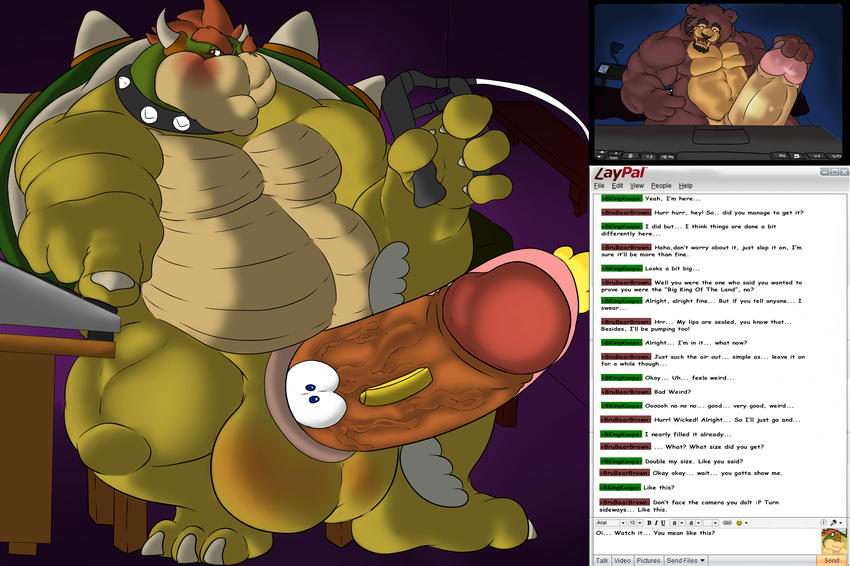 balls bear belly bowser bros brubearbrown chat chat_box chubby claws collar fish gut hair horn huge hyper hyper_penis koopa male mammal marine mario mario_bros muscles nintendo nude overweight penis program pump reptile scalie shell spikes super thick_penis turtle video_games what