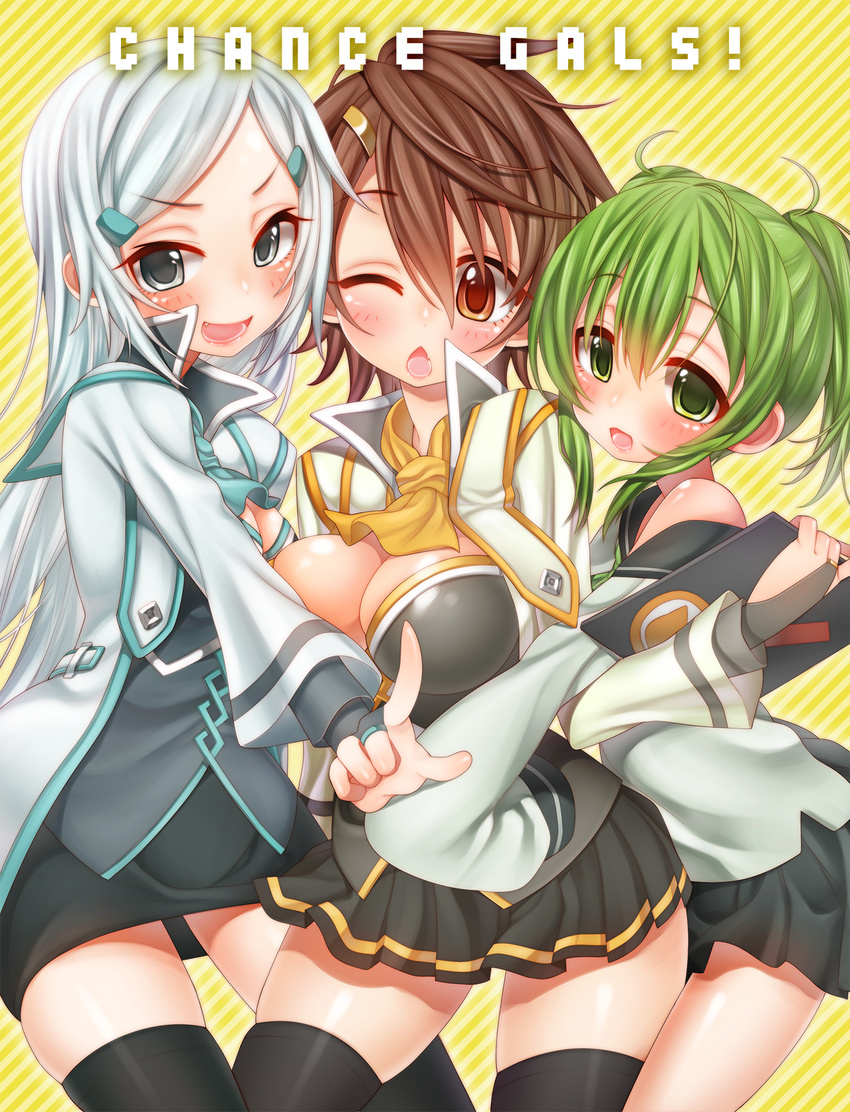 3girls ahoge bare_shoulders black_legwear blush border_break break_chance_girl_(border_break) breasts brown_eyes brown_hair character_name class_chance_girl_(border_break) cleavage double_chance_girl_(border_break) english fang female green_eyes green_hair grey_eyes grey_hair hair_ornament hairclip highres inuue_kiyu jacket large_breasts long_hair multiple_girls necktie off_shoulder open_mouth oversized_clothes payot short_hair short_twintails sidelocks simple_background skirt sleeves_past_wrists smile socks solo standing thighhighs twintails white_background wink zettai_ryouiki