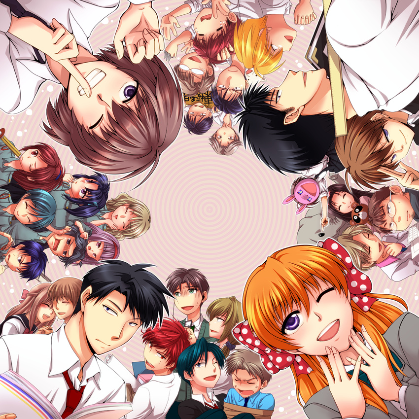 6+girls ayabe_reito bad_id bad_pixiv_id black_hair blonde_hair book bound bow brown_hair cat creator_connection crossover elephant gekkan_shoujo_nozaki-kun hair_bow hanabusa_miyabi hayasaka_kaori_(oresama_teacher) highres hori_masayuki houjou_wakana kashima_yuu kousaka_shuntarou kurosaki_mafuyu long_hair maeno_mitsuya mamiko_(koi_shiyou!) mask mikoshiba_mikoto miyako_yukari miyamae_ken momochi_runa multiple_boys multiple_girls multiple_persona necktie nonoguchi_kanon nozaki_umetarou okegawa_kyoutarou one_eye_closed oresama_teacher palast polka_dot polka_dot_bow purple_hair red_hair rouman_academy_uniform saeki_takaomi sakura_chiyo school_uniform seo_yuzuki shibuya_aki shinai short_hair shuriken smile suzuki_saburou_(koi_shiyou!) sword tanuki tied_up wakamatsu_hirotaka weapon yui_shinobu yukioka_komari