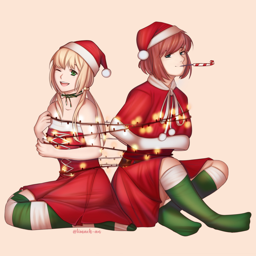 2girls ;d absurdres artist_name bare_arms bare_shoulders blonde_hair brown_hair capelet christmas christmas_lights commentary dress english_commentary fur-trimmed_capelet fur_trim green_eyes green_legwear hair_bobbles hair_ornament hat highres ibarazaki_emi katawa_shoujo kneehighs limach-an long_hair looking_at_viewer low_twintails mouth_hold multiple_girls no_shoes one_eye_closed open_mouth party_whistle pom_pom_(clothes) red_capelet red_dress santa_costume santa_hat short_hair simple_background sitting smile strapless strapless_dress striped striped_legwear tezuka_rin thighhighs twintails