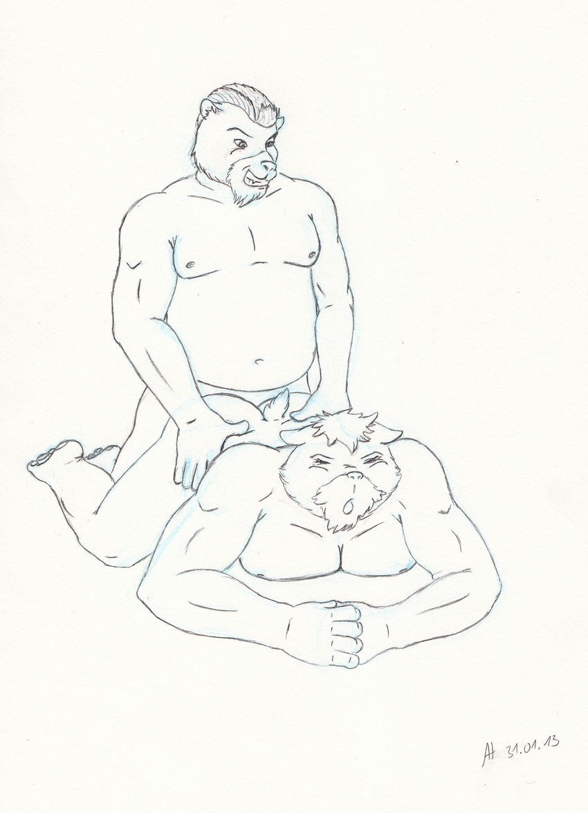 anal anal_penetration anthro b&auml;r barazoku bareback bear big_muscles butt chubby doggy_position doggystyle eyes_closed from_behind gay grin hair hands_on_hips invalid_tag looking_down male mammal mohawk muscles nipples nude on_floor open_mouth overweight penetration plain_background sex short_hair sketch traditional_media white_background