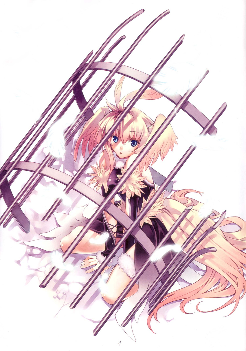 blonde_hair blue_eyes cage copyright_request feathers highres hirano_katsuyuki solo