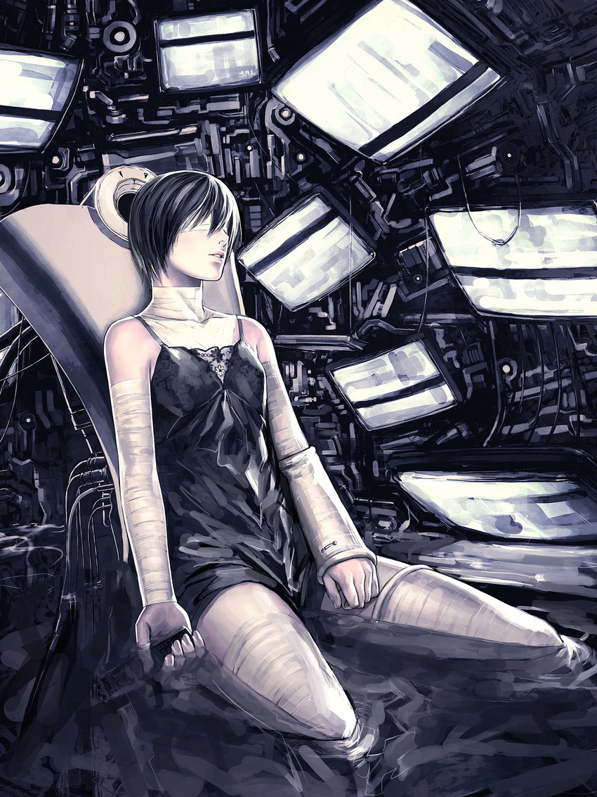 arms_at_sides bandaged_arm bandaged_neck bandages bandages_over_eyes bangs bare_shoulders black_hair blindfold breasts cable cast chair chemise computer covered_eyes highres holding iwai_ryou lips liquid machinery monitor original parted_lips short_hair small_breasts soaking_feet solo spaghetti_strap thighhighs water white_legwear