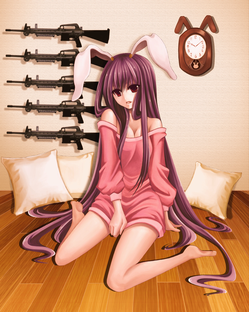 analog_clock animal_ears ar-10 bad_feet bad_id bad_pixiv_id banned_artist bare_shoulders barefoot battle_rifle bunny_ears clock gun highres legs long_hair pillow purple_hair red_eyes reisen_udongein_inaba rifle sitting solo touhou very_long_hair wall_clock wariza weapon wooden_floor yuuka_nonoko