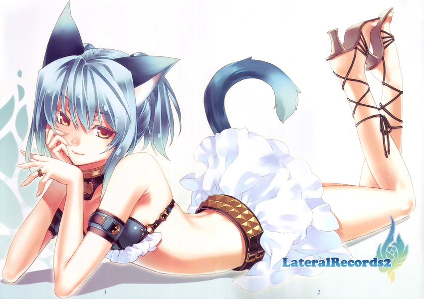 animal_ears ankle_lace-up arm_support armor belt bikini_armor bikini_skirt bikini_top blue_hair cat_ears cat_tail choker colored_eyelashes copyright_request cross-laced_footwear eyelashes flat_chest frilled_skirt frills high_heels highres hirano_katsuyuki jewelry lace-up_heels laces lying non-web_source o-ring o-ring_top on_stomach orange_eyes ring shoes skirt solo studded_belt swimsuit tail