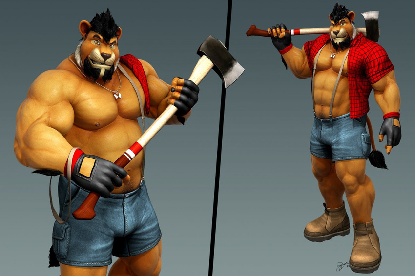 abs axe beard biceps big_muscles black_hair boots braces braford brown_fur cgi chubby clothed clothing facial_hair feline footwear fur gloves hair half-dressed huge_muscles lion lumberjack male mammal musclegut muscles necklace nipples open_shirt pecs pose shirt shoes shorts solo standing suspenders topless vein weapon