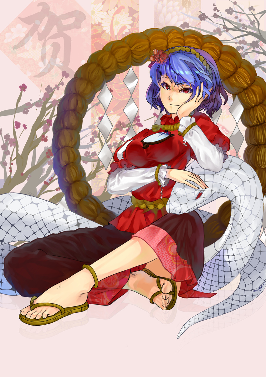 anklet blue_eyes feet flower full_body hair_flower hair_ornament hairband highres jewelry orangec red_eyes sandals short_hair sitting smile snake solo toes touhou yasaka_kanako