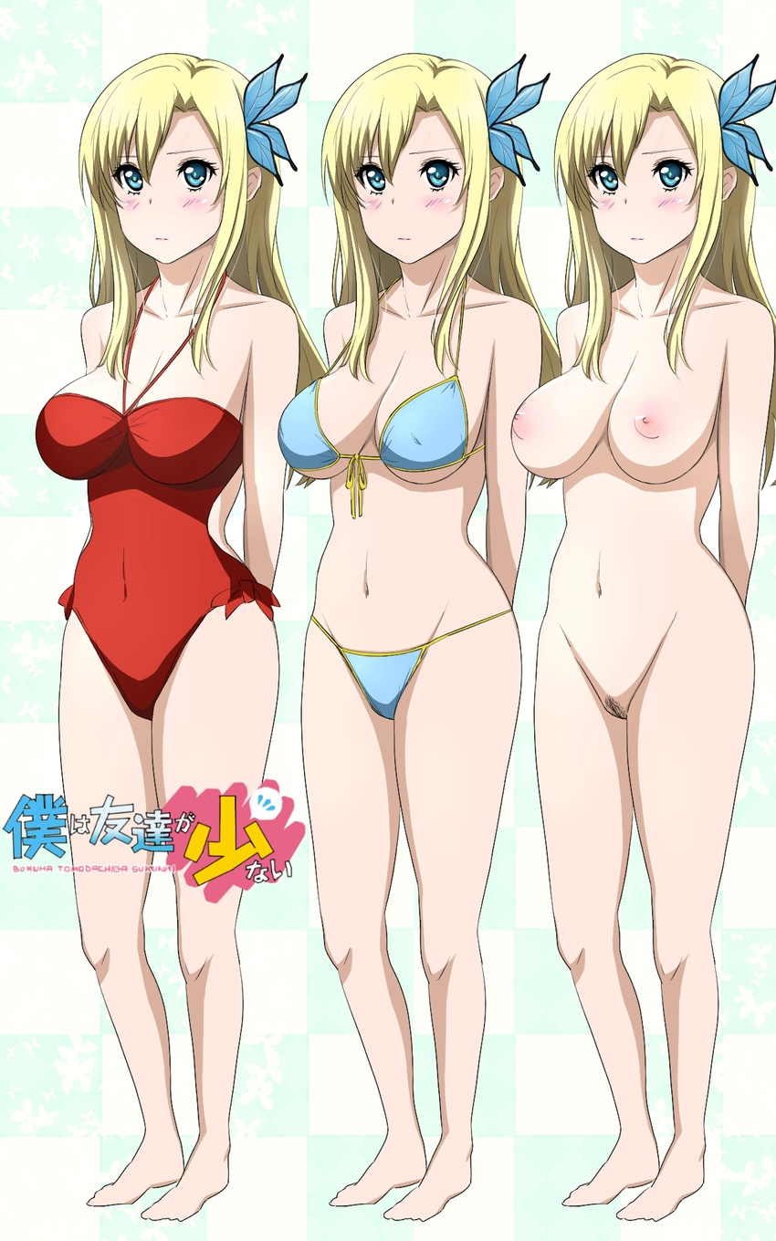 arms_behind_back barefoot bikini blonde_hair blue_bikini blush boku_wa_tomodachi_ga_sukunai breasts butterfly_hair_ornament checkered checkered_background copyright_name covered_navel covered_nipples groin hair_ornament highres kashiwazaki_sena large_breasts long_hair navel nipples one-piece_swimsuit pubic_hair pussy red_swimsuit swimsuit tonotyama