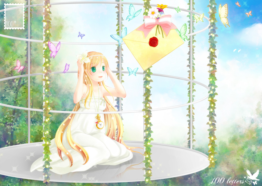 ahira_yuzu blonde_hair bug butterfly cage clock day dress flower green_eyes hair_flower hair_ornament hairband insect key letter long_hair original ribbon sky smile solo tree