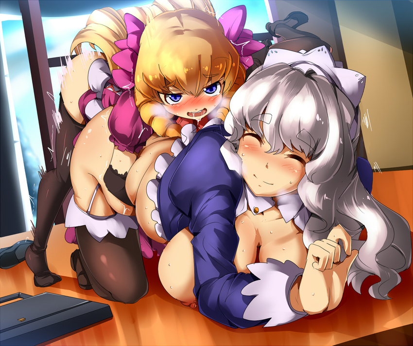 2girls age_difference all_fours blonde_hair blue_eyes blush bow breasts breasts_outside breath clothed_sex deep_skin doggystyle drill_hair drooling dutch_angle elbow_gloves erect_nipples eyebrows eyes_closed futa_with_female futanari gloves hair_bow hair_ornament happy_sex highres huge_breasts indoors long_hair looking_at_viewer maid maid_headdress motion_lines multiple_girls nipples no_shoes pixiv_manga_sample plump resized saliva sex silver_hair smile sweat thick_eyebrows thighhighs trembling umakatsuhai wavy_mouth yuri