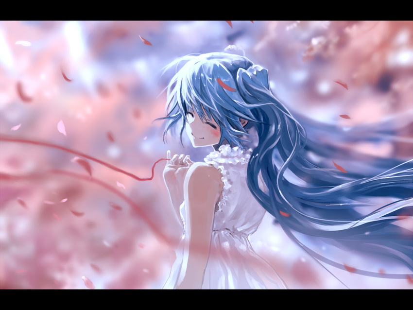 bare_shoulders blue_hair blurry blush bob_(biyonbiyon) closed_eyes depth_of_field dress hands hatsune_miku letterboxed long_hair looking_at_viewer looking_back necktie petals pinky_out red_string smile solo string sundress twintails very_long_hair vocaloid