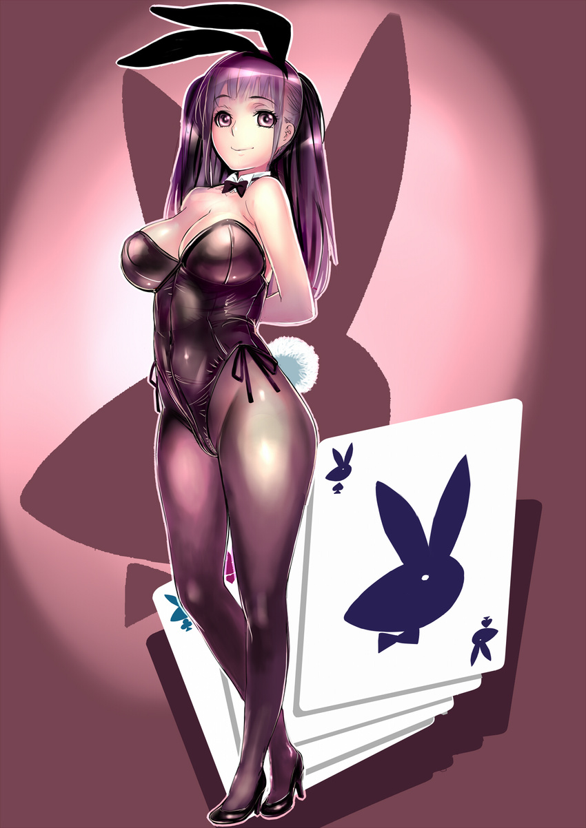 animal_ears bad_id bad_pixiv_id black_eyes black_hair black_legwear bow bowtie breasts bunny_ears bunny_girl bunny_tail bunnysuit card cleavage covered_navel detached_collar dodai_shouji high_heels highres large_breasts legs long_hair looking_at_viewer original pantyhose playboy playing_card purple_eyes purple_hair shoes smile solo tail thighs twintails wrist_cuffs