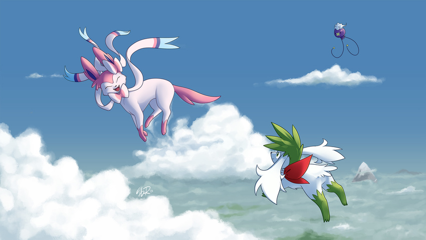 aqua_(pixiv) drifloon flying heather_gibbons highres ninfia no_humans pokemon pokemon_(game) pokemon_xy shaymin sylveon