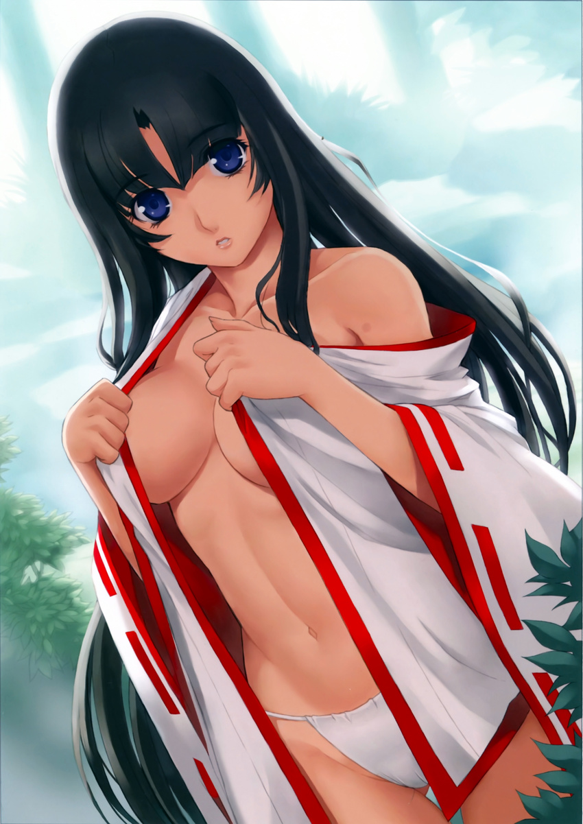 1girl absurdres bare_shoulders black_hair blue_eyes breasts eiwa fundoshi highres japanese_clothes lips long_hair miko panties queen's_blade queen's_blade solo tomoe underwear undressing